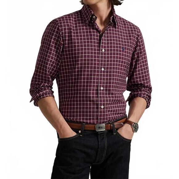 NEW POLO RALPH LAUREN performance oxford plaid sport shirt in wine navy
